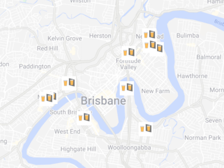 Map of Brisbane CBD with beer venues marked